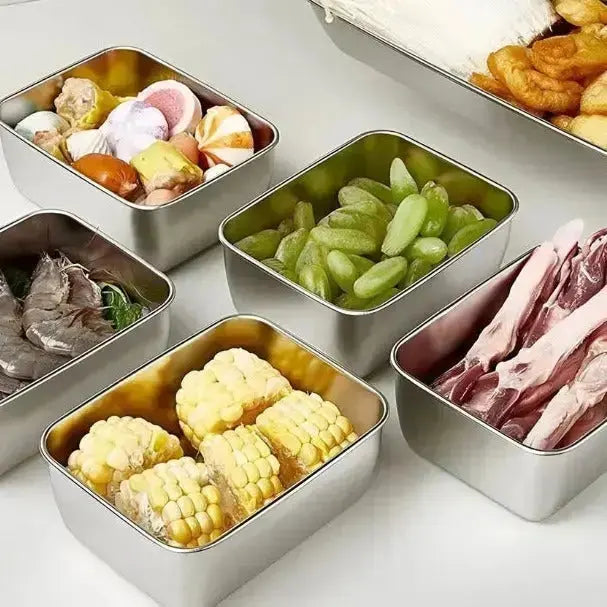 Stainless steel food storage container showing size and depth