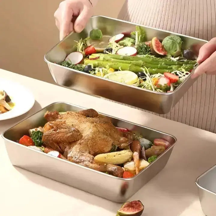 Stainless steel food storage container showing size and depth