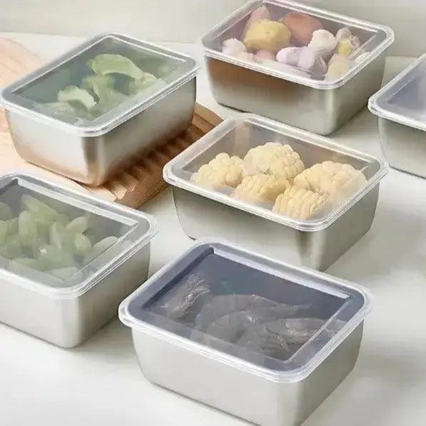 Stainless steel food storage container showing size and depth