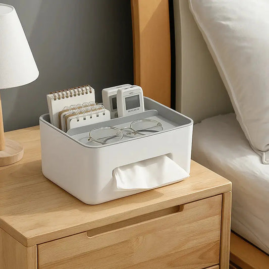 Multifunctional tissue box organiser with storage compartments for remotes and small accessories on tabletop
