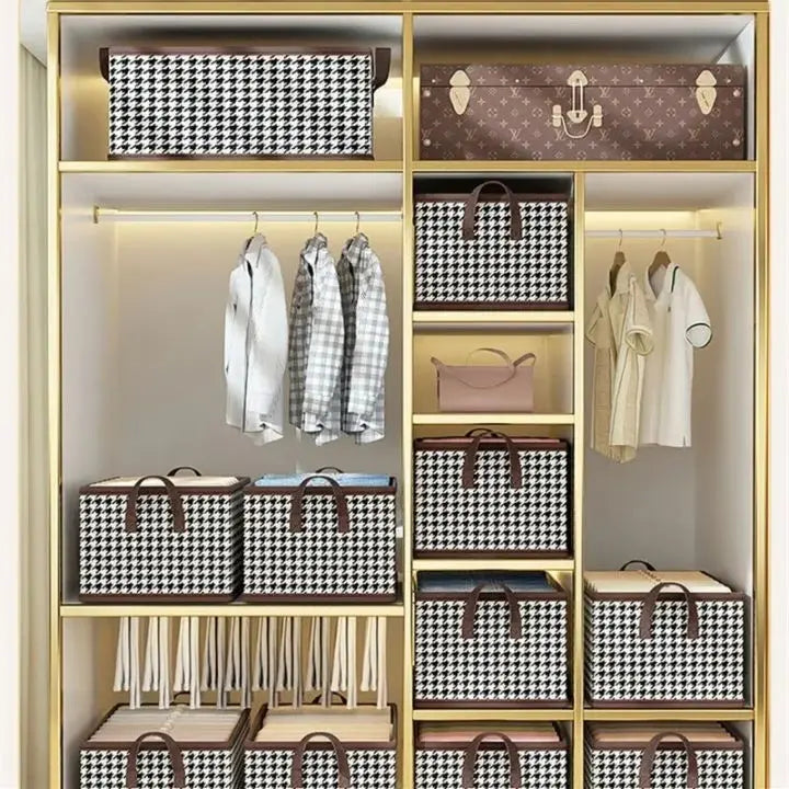 Foldable brown wardrobe organiser with reinforced sides and handles for storing folded clothes on wardrobe shelves