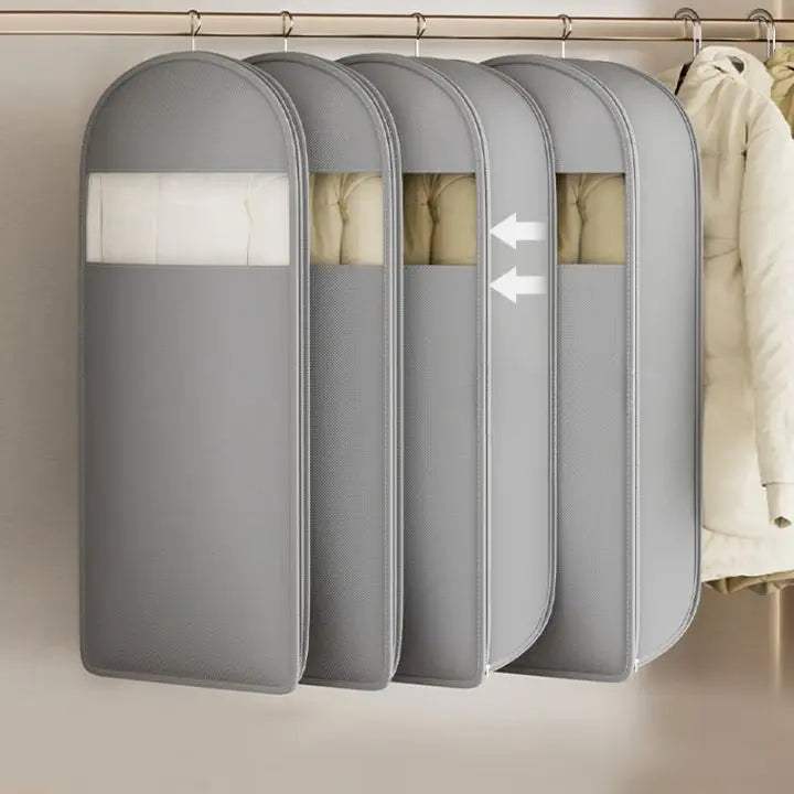 Airtight hanging storage bag protecting jackets and sweaters in wardrobe