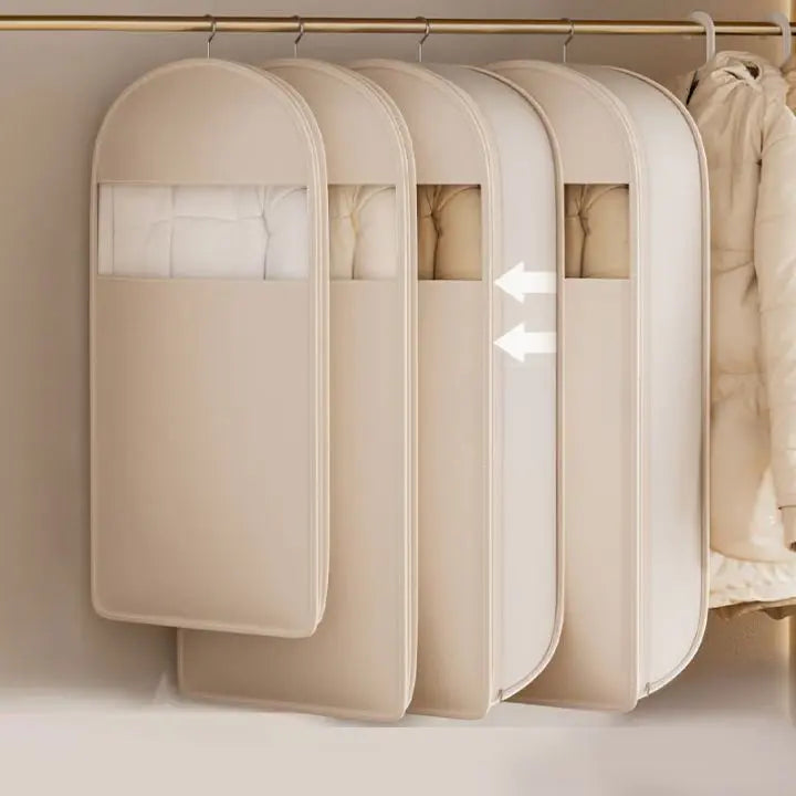 Airtight hanging storage bag protecting jackets and sweaters in wardrobe