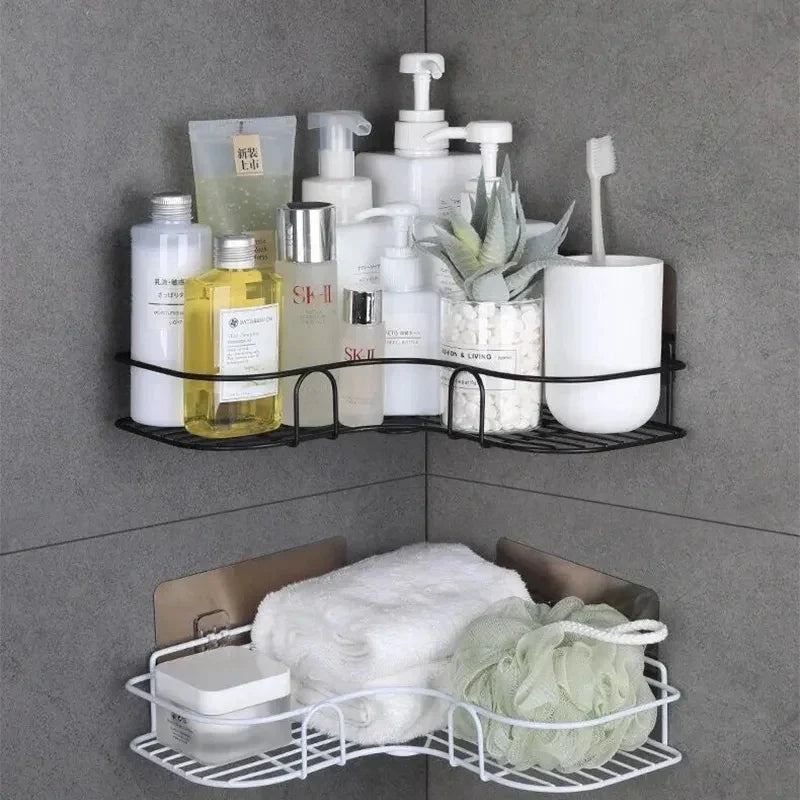 Bathroom organizer shelf installed on tiled wall
