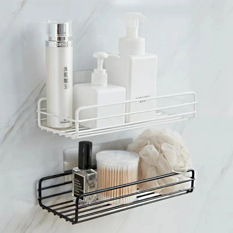 Bathroom organizer shelf installed on tiled wall
