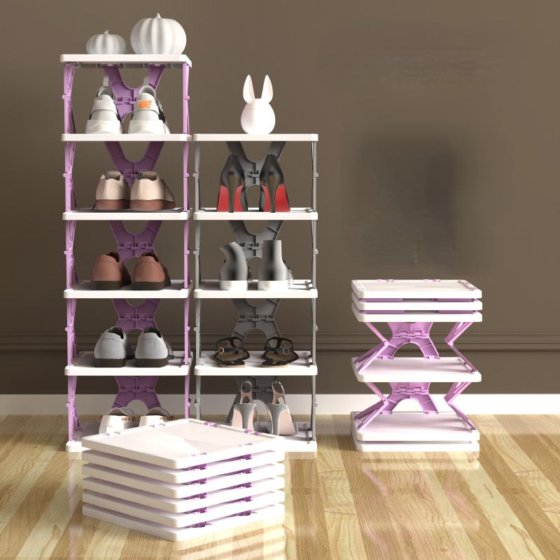 Foldable stackable shoe storage rack for space-saving organisation