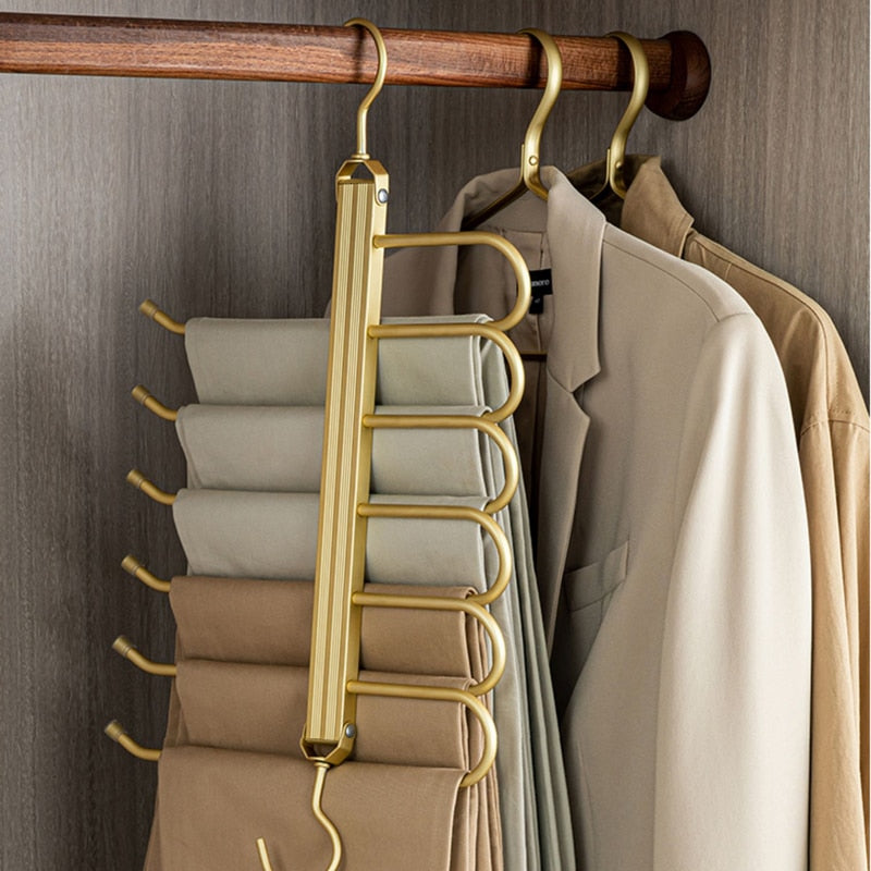 Aluminium space saving trouser hanger with multiple rotating arms