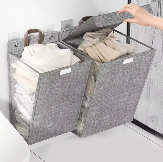 Space saving wall laundry basket folded flat