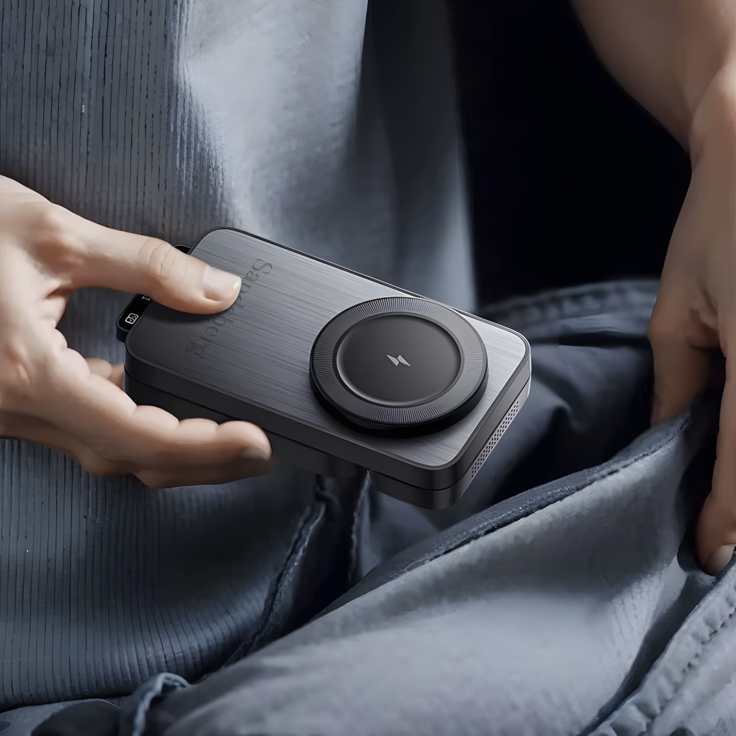 Persoon houdt een compacte draadloze oplader van Sandsberg boven een jaszak, klaar om opgeborgen te worden.