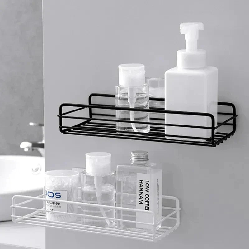 Bathroom organizer shelf installed on tiled wall