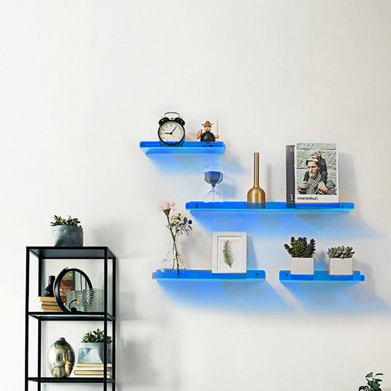 Close-up of floating wall shelf showing industrial design