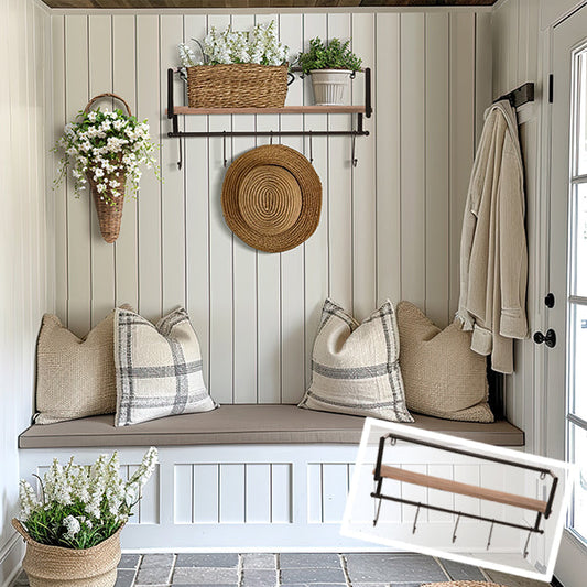 Wall shelf with hooks for organised storage and display