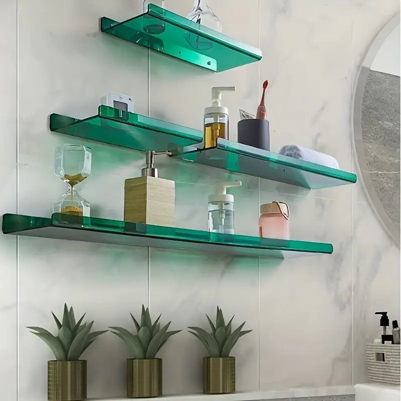 Close-up of floating wall shelf showing industrial design