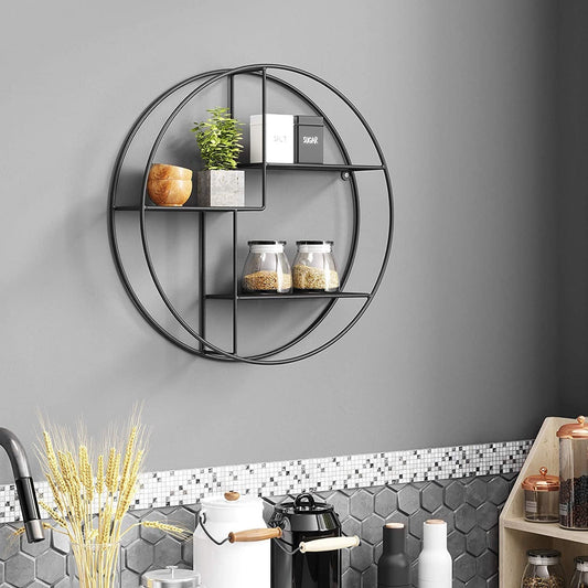 Round metal wall shelf mounted on wall
