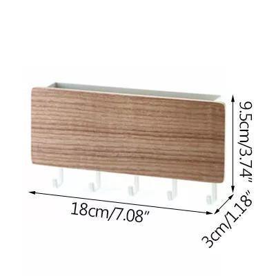 Wooden wall-mounted key holder shelf with coloured hooks