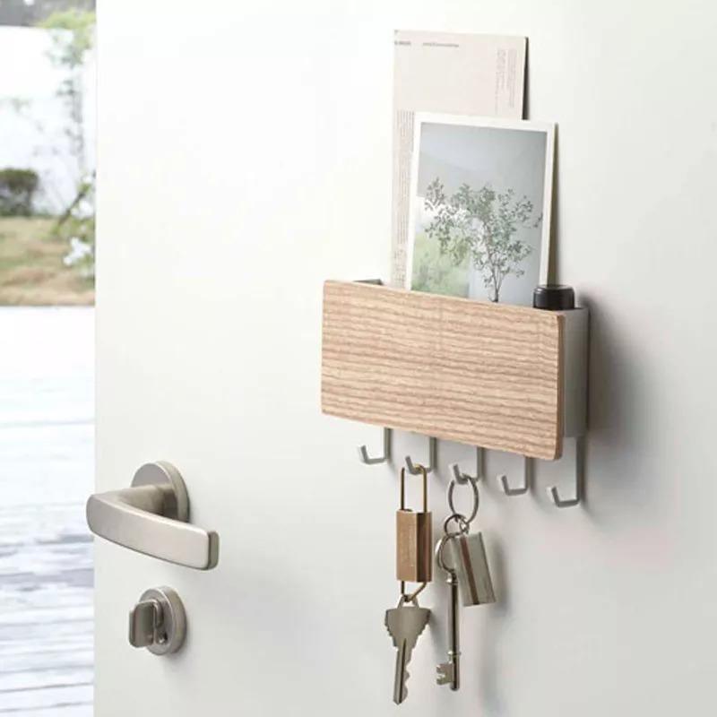 Wooden wall-mounted key holder shelf with coloured hooks