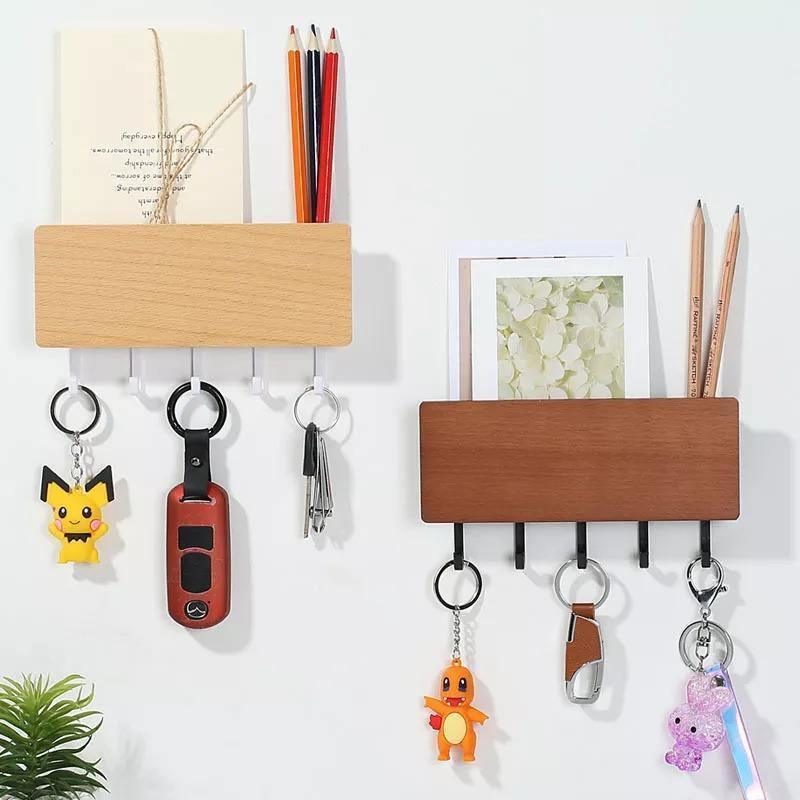 Wooden wall-mounted key holder shelf with coloured hooks