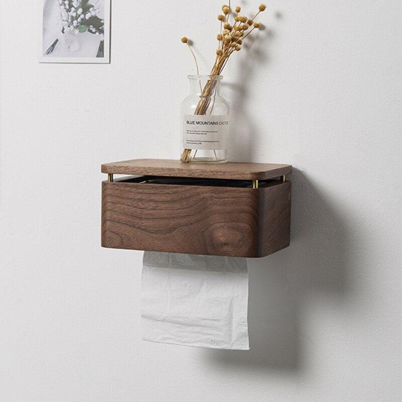 Minimalist bathroom toilet paper holder with natural wood finish