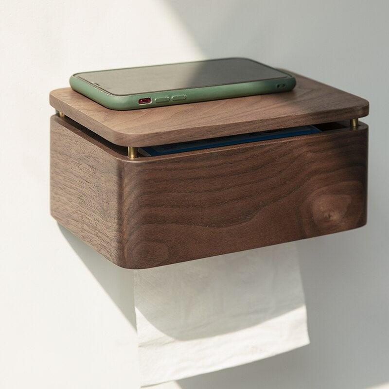 Minimalist bathroom toilet paper holder with natural wood finish