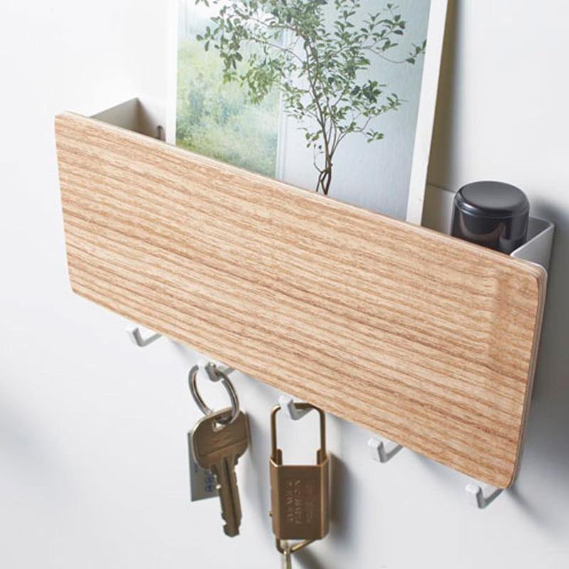 Wooden wall-mounted key holder shelf with coloured hooks