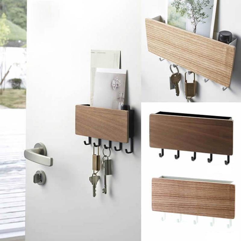 Wooden wall-mounted key holder shelf with coloured hooks