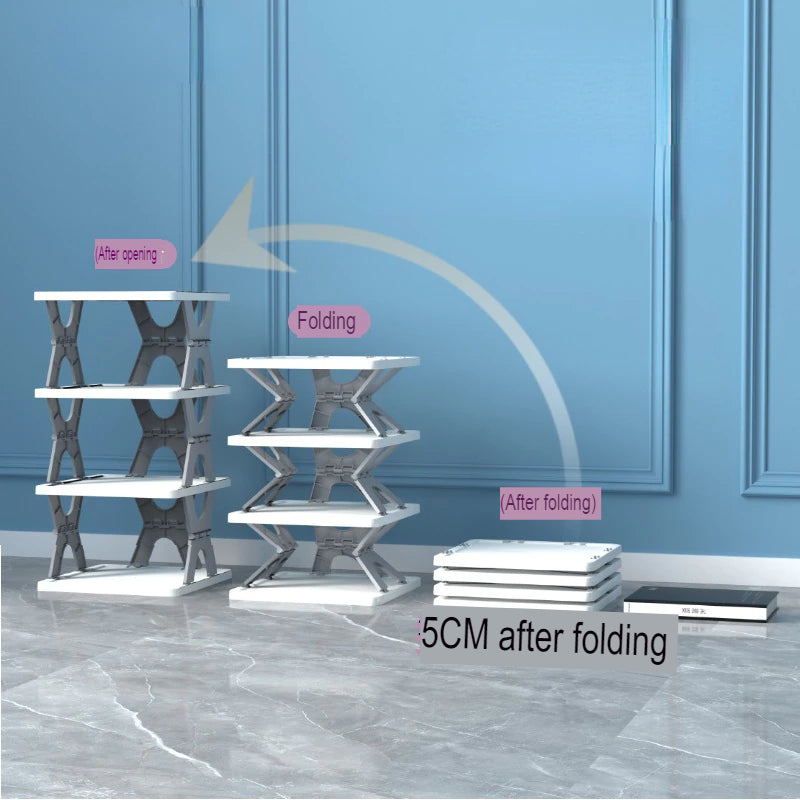 Foldable stackable shoe storage rack for space-saving organisation